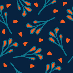 Fototapeta na wymiar Seamless vector pattern with tree branches on blue background. Simple modern wallpaper design. Decorative nature fashion textile.