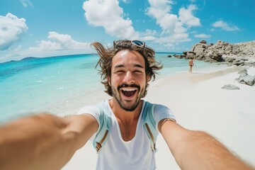 excited Handsome man taking selfie in the beach