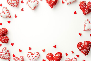 Crafted with Love: Handmade Red and White Heart Decorations on a Pure Background
