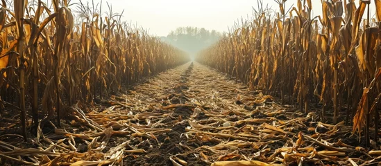 Fotobehang Dry maize field after a long drought period. Copy space image. Place for adding text © Ilgun