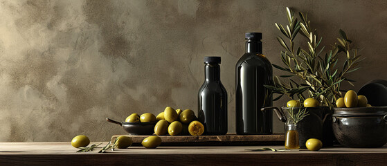 Bottles mock up for advertising and presentation of organic and fresh olive oil, cozy environment