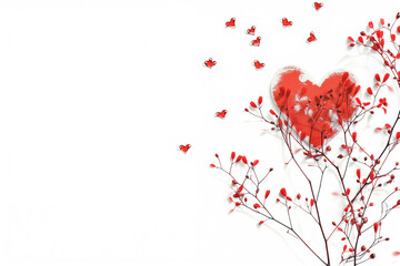 Whispers of Affection: Abstract Red Heart and Delicate Branches on White