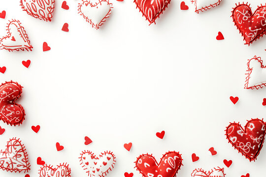 Crafted with Love: Handmade Red and White Heart Decorations on a Pure Background