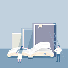flat design illustration of books and working people	