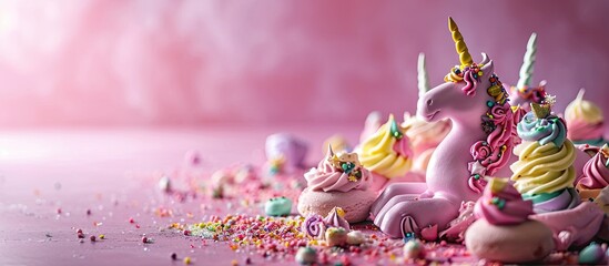 Colorful unicorn ice cream cones with sugary sprinkles. Copy space image. Place for adding text - obrazy, fototapety, plakaty