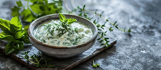 Tartar sauce in a bowl with organic ingredients from classic recipe top view on rustic grey concrete table surface top view. Copy space image. Place for adding text