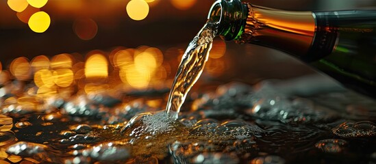 close up of a glass of champagne poured from a bottle. Copy space image. Place for adding text - obrazy, fototapety, plakaty