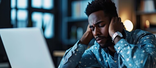 Stressed business man sitting at office workplace Tired and overworked black man Young african american exhausted men in stress working on laptop computer. Copy space image. Place for adding text