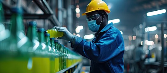African male factory worker wearing medical mask picking up green juice bottle or basil seed drink for checking quality in beverage factory. Copy space image. Place for adding text - obrazy, fototapety, plakaty