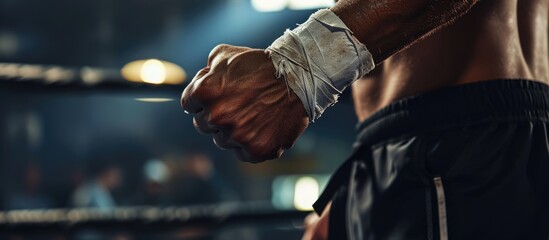 Hands wrist wrap and boxer man getting ready for tournament fitness workout in boxing gym macro Training fighting and mma protection bandage for injury and pain prevention from sports - obrazy, fototapety, plakaty