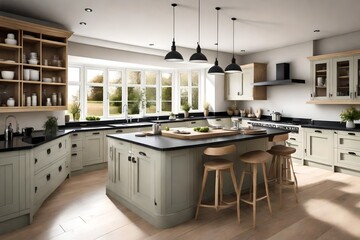 Modular painted wood kitchen, panoramic of modern UK farmhouse kitchen with neutral units and black granite worktops