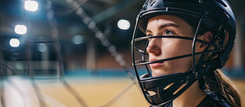 Close up of woman floorball goalkeeper in helmet concetrating on game in gym. Copy space image. Place for adding text
