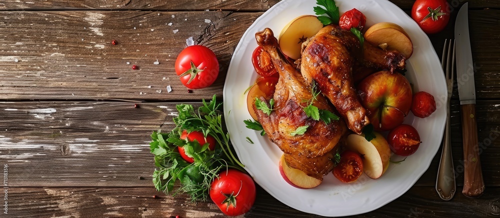 Canvas Prints duck legs baked with apples and tomatoes on white plate close up view from above horizontal. Copy space image. Place for adding text