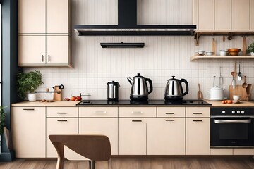 Modern kitchen interior with electric kettle and coffee maker on the stove.