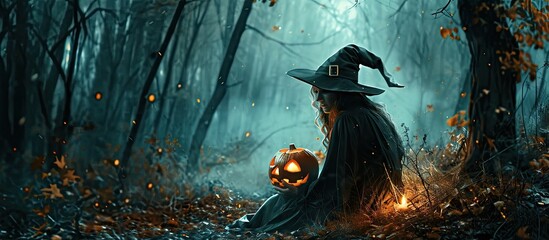 Halloween Witch with a carved Pumpkin and magic lights in a dark forest Beautiful young surprised woman in witches hat and costume holding pumpkin Halloween party art design. Copy space image - obrazy, fototapety, plakaty