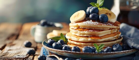 Homemade pancakes with syrup and berries Morning and breakfast pancakes with banana and blueberries. Copy space image. Place for adding text - obrazy, fototapety, plakaty