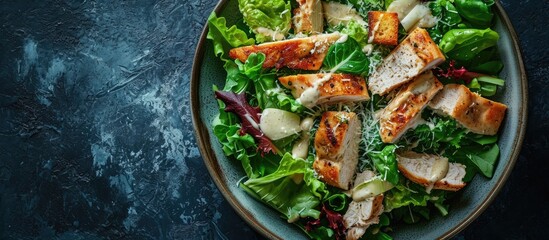 A delicious chicken caesar salad with parmesan cheese dressing and croutons. Copy space image. Place for adding text - obrazy, fototapety, plakaty
