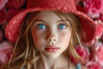 Cute girl with large expressive blue eyes in red hat, 