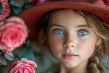 Cute girl with large expressive blue eyes in red hat with rose flowers 