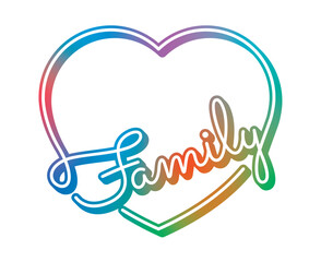 colorful heart symbol and family word. handwritten family word and heart symbol logo