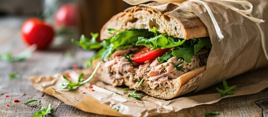 Gourmet closeup of tuna fish salad sandwich in hand on crispy fresh baked rustic baguette with tomato and lettuce wrapped in white parchment paper bag with shallow depth of field on urban city - obrazy, fototapety, plakaty
