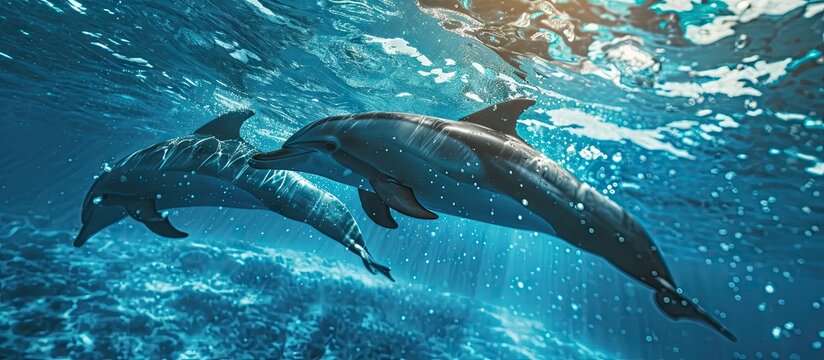 A family of dolphins underwater in sea open water. Copy space image. Place for adding text