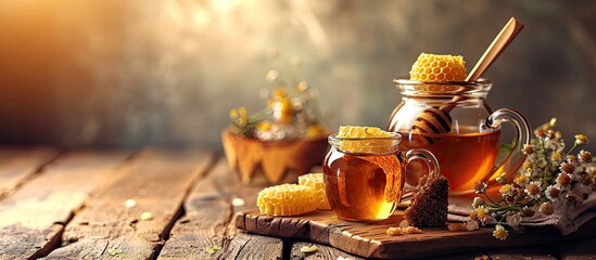 glass ingredient containers for tea leaves and sugar cane with wood honeycomb stick. Copy space image. Place for adding text - obrazy, fototapety, plakaty