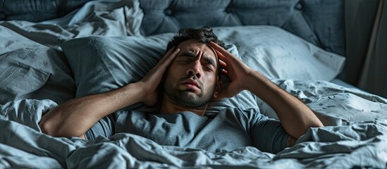 Restless Young Arab Guy Waking Up In The Morning With Headache Stressed Middle Eastern Man Lying In Bed And Touching Head Suffering Migraine Hangover Or Insomnia High Angle View Free Space