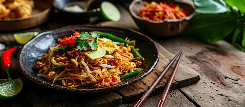 Mie goreng Aceh Aceh fried noodles Is traditional fried noodles from Aceh province Indonesia. Copy space image. Place for adding text