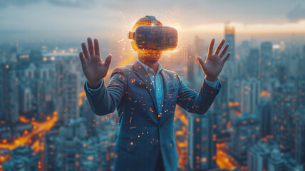 Businessman wearing virtual reality goggles with cityscape background. Mixed media