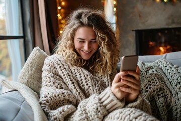 Young smiling woman holding and looking at smartphone in the cozy room
