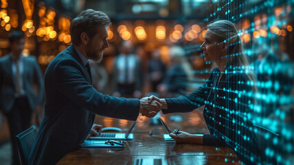 Business people shaking hands in office with double exposure of business interface.
