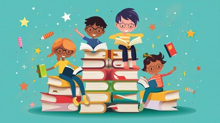 Children Sitting on Top of a Pile of Books at Book Day 2024