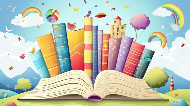 Rainbow composition of Books with the land of imagination, a castle and a rainbow