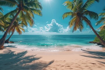 Sunny summer beach with palms background, copy space 