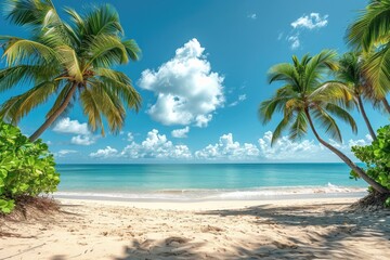 Sunny summer beach with palms background, copy space for product promotions