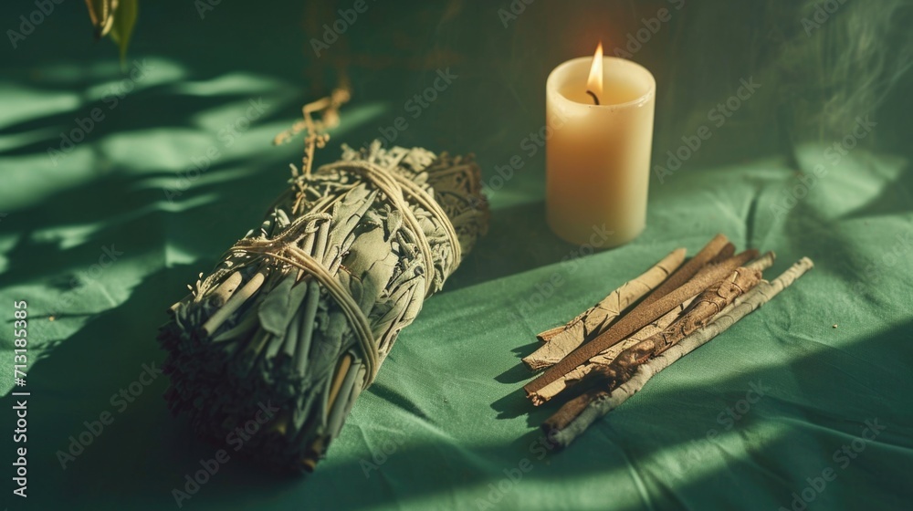 Aufkleber A simple composition featuring a lit candle and a bundle of sticks on a table. Suitable for various themes and concepts
