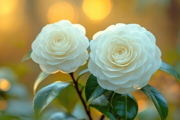 Fototapeta premium two White perfect camellia flowers, closeup, macro. Camellia japonica. White camellia in full bloom