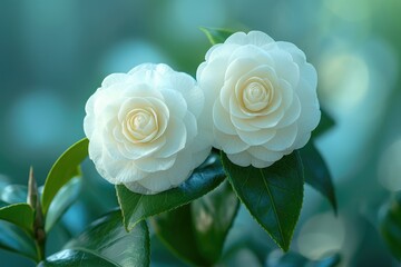 two White perfect camellia flowers, closeup, macro. Camellia japonica. 