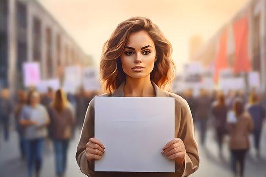 young lady holding blank protest sign illustration, international women's day woman protest
