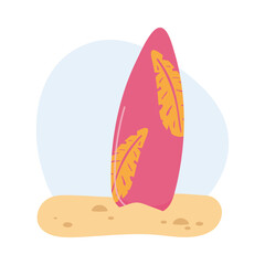 Surf board on a sand with bright tropical design