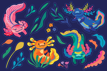 Sticker set of four cute cartoon axolotls in pink, orange, green and blue colours. Amphibian creatures are floating in the seaweeds