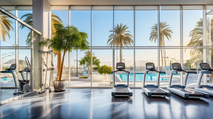 Modern luxurious gym interior with treadmill machines. Indoor workout club equipment. Surrounded by palm trees, hotel training center. Fitness workout, healthy lifestyle, apartment summer recreation