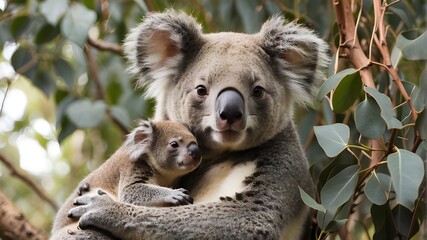 Fototapeta premium A mother koala with her adorable joey nestled in a eucalyptus tree