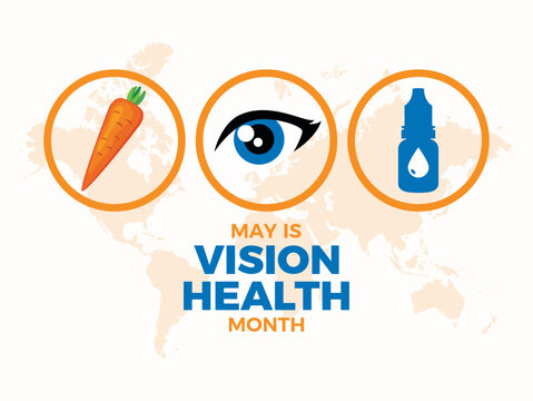 May is Vision Health Month poster vector illustration. Human eye, carrot, eye drops bottle icon set vector. Healthy vision graphic design element. Template for background, banner, card. Important day
