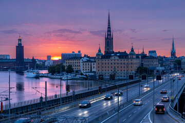 Zachód słońca Gamla Stan Sztokholm Szwecja - obrazy, fototapety, plakaty