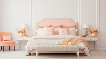 Interior design of an empty minimalistic pink female or girl bedroom for princess or queen, comfortable bed, chairs, hotel or villa room, house or home