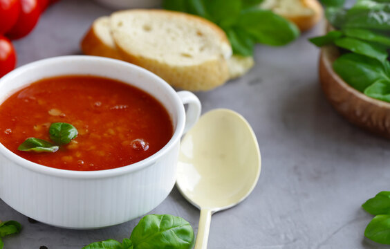 cold tomato soup with fresh basil