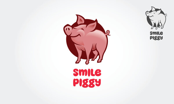 Smile Piggy Vector Logo Template. Smiling little baby cartoon pig in round frame. Piggy logo cartoon character. 