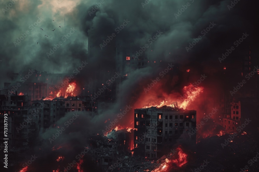 Poster a large fire is engulfing a city, causing chaos and destruction. this image can be used to depict ur